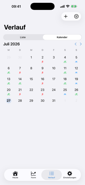 Screenshot der Kalender-Ansicht: Monatsraster mit farbigen Sport-Markern pro Trainingstag – Rad grün, Laufen rot, Schwimmen blau; tippe einen Tag für sein Debrief