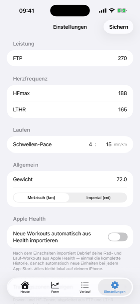 Screenshot der Einstellungen: Apple-Health-Bereich mit dem Schalter ‚Neue Workouts automatisch aus Health importieren'