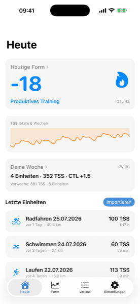 Screenshot des Heute-Tabs: heutige Form, TSB-Kurve der letzten Wochen, Wochen-Zusammenfassung mit TSS und Vorwochen-Vergleich sowie die letzten Einheiten