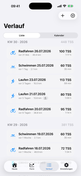 Screenshot des Verlaufs: Einheiten nach Kalenderwochen mit TSS pro Woche – Radfahren, Schwimmen und Laufen, Laufband-Läufe eigens gekennzeichnet