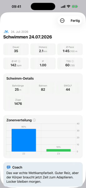 Screenshot eines Schwimm-Debriefs: Pace pro 100 m, Schwimm-TSS aus der CSS, Bahnlänge, Bahnen, SWOLF und Züge sowie die Zonenverteilung