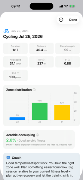 Screenshot of a workout debrief: NP, IF, TSS, zone distribution, aerobic decoupling and the coach note