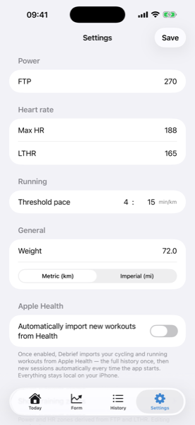 Screenshot of Settings: the Apple Health section with the toggle 'Automatically import new workouts from Health'