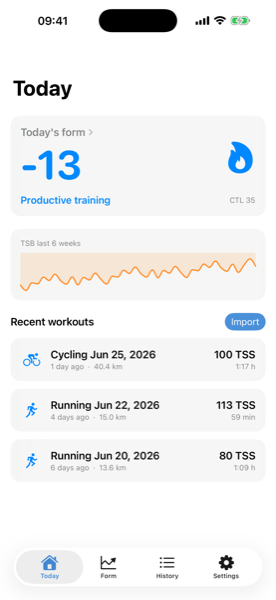 Screenshot of the Today tab: today's form, the TSB curve over recent weeks and your latest workouts